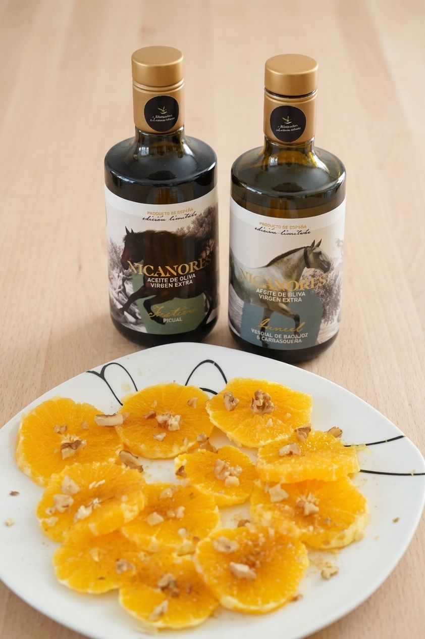 plato con botellas Postre de naranja acompañado de AOVE Nicanores Juncal